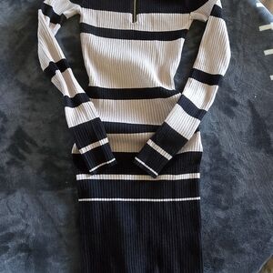 Striped Rib-Knit Long Sleeve Bodycon Dress in Black and Cream